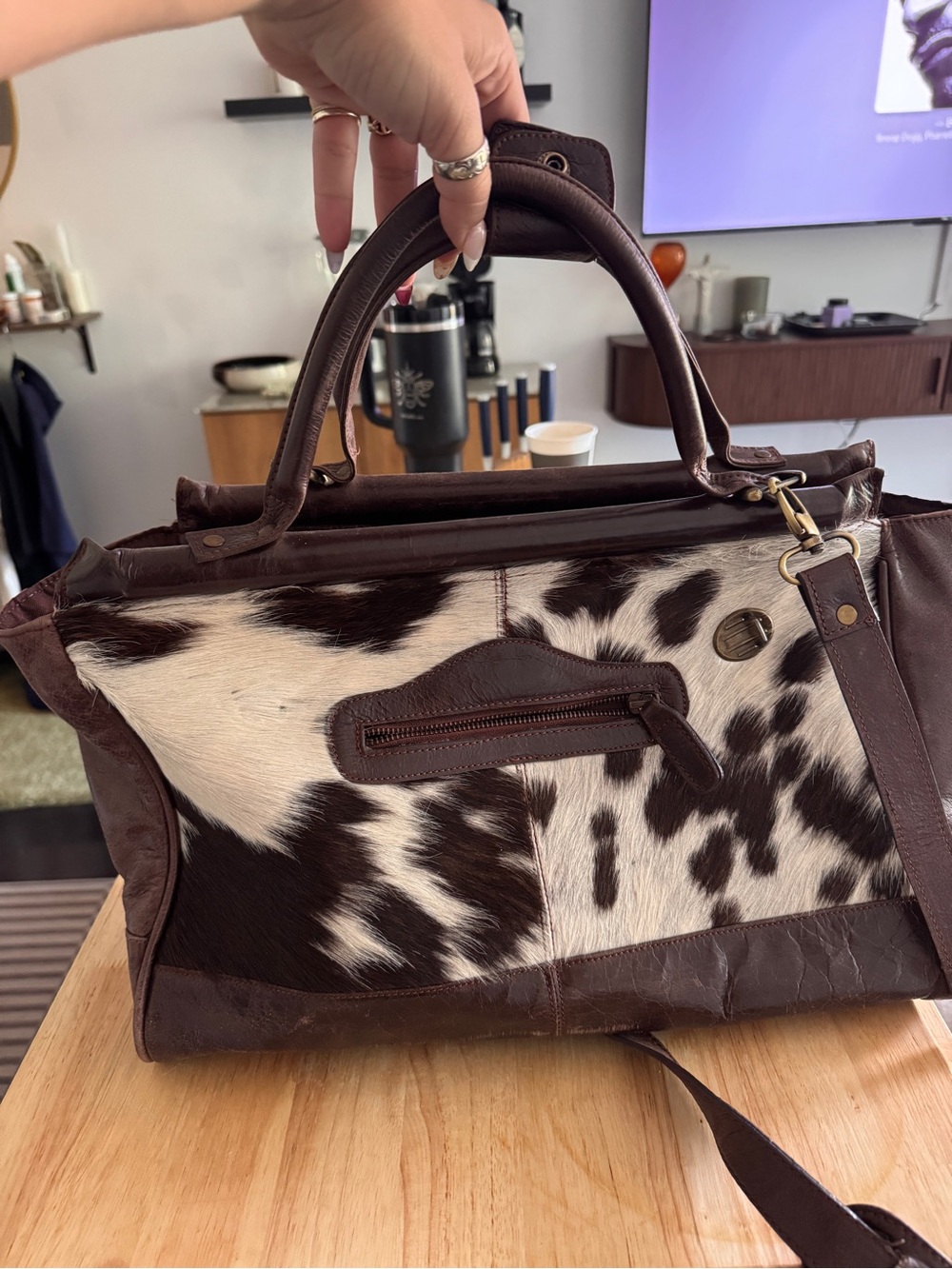 Vintage Brown Leather & Cowhide Satchel Bag